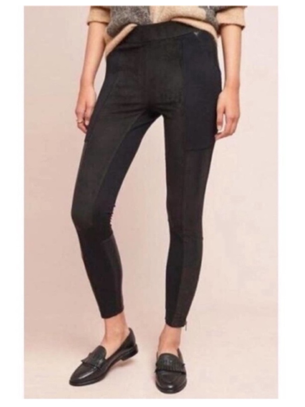 Anthropologie Black suede faux leather Patchwork biker pants